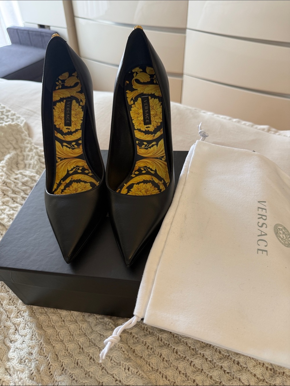 Versace Black Leather Pointed-Toe Pumps with Gold Baroque Insole